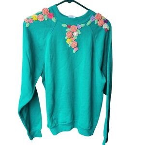 Vintage Crewneck Sweatshirt Handmade Floral Applique Embroidery Large Grannycore